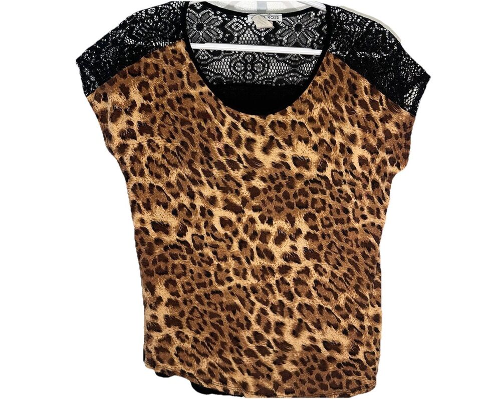 Carol Rose Leopard Print Lace Top Womens Small Y2K Stretch Knit
